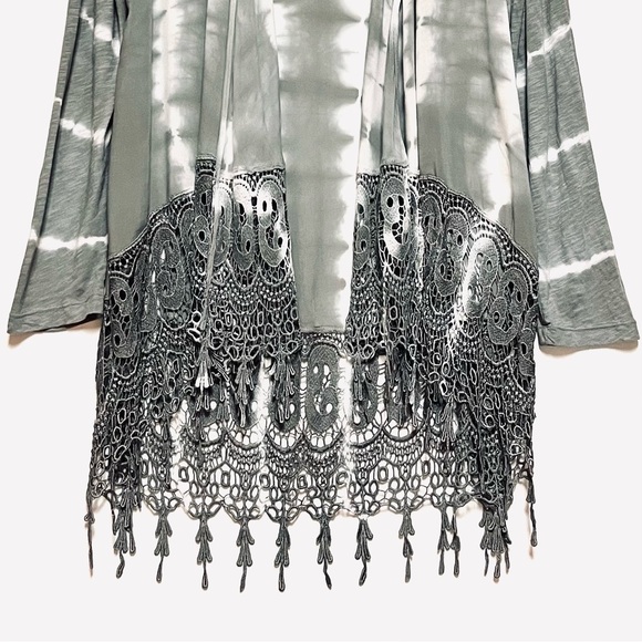 Soft Surroundings Cardigan Duster Womens Large Grey Tie Dye Lace Fringe Festival - Picture 5 of 7